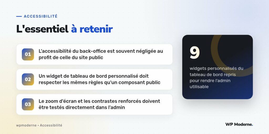 L'essentiel à retenir : L'accessibilité du back-office est souvent négligée au profit de celle du site public ; Un widget de tableau de bord personnalisé doit respecter les mêmes règles qu'un composant public ; Le zoom d'écran et les contrastes renforcés doivent être testés directement dans l'admin