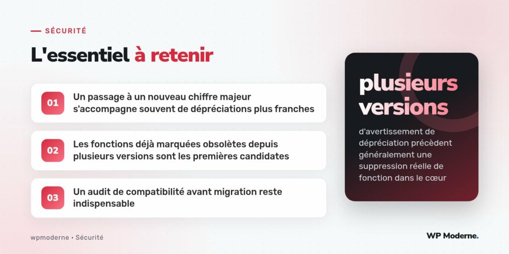 L'essentiel à retenir : Un passage à un nouveau chiffre majeur s'accompagne souvent de dépréciations plus franches ; Les fonctions déjà marquées obsolètes depuis plusieurs versions sont les premières candidates ; Un audit de compatibilité avant migration reste indispensable