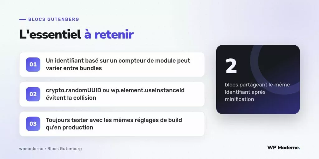 L'essentiel à retenir : Un identifiant basé sur un compteur de module peut varier entre bundles ; crypto.randomUUID ou wp.element.useInstanceId évitent la collision ; Toujours tester avec les mêmes réglages de build qu'en production