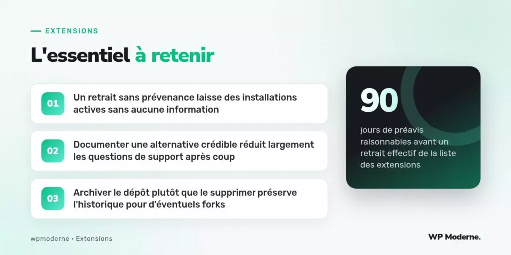 L'essentiel à retenir : Un retrait sans prévenance laisse des installations actives sans aucune information ; Documenter une alternative crédible réduit largement les questions de support après coup ; Archiver le dépôt plutôt que le supprimer préserve l'historique pour d'éventuels forks