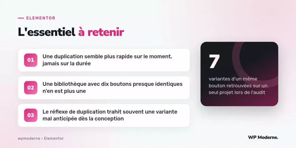 L'essentiel à retenir : Une duplication semble plus rapide sur le moment, jamais sur la durée ; Une bibliothèque avec dix boutons presque identiques n'en est plus une ; Le réflexe de duplication trahit souvent une variante mal anticipée dès la conception