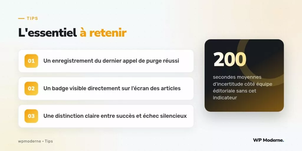 L'essentiel à retenir : Un enregistrement du dernier appel de purge réussi ; Un badge visible directement sur l'écran des articles ; Une distinction claire entre succès et échec silencieux