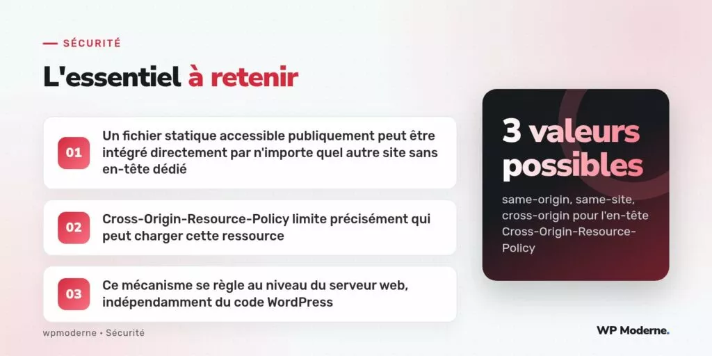 L'essentiel à retenir : Un fichier statique accessible publiquement peut être intégré directement par n'importe quel autre site sans en-tête dédié ; Cross-Origin-Resource-Policy limite précisément qui peut charger cette ressource ; Ce mécanisme se règle au niveau du serveur web, indépendamment du code WordPress