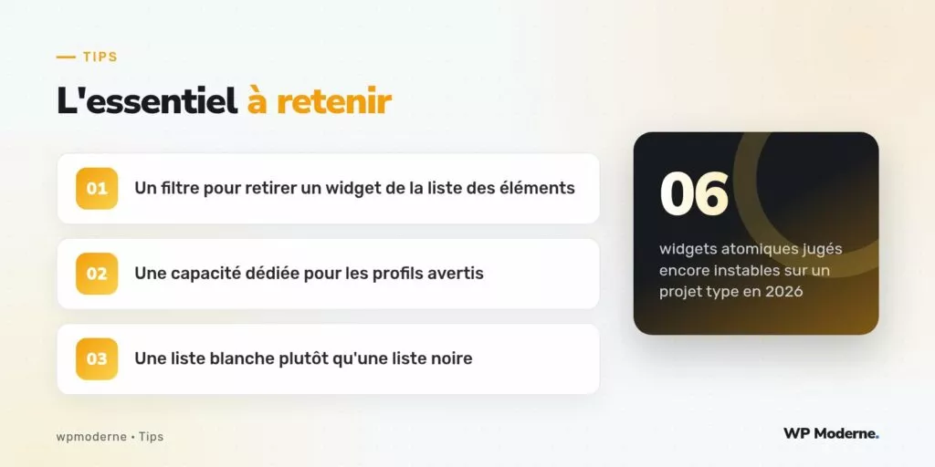 L'essentiel à retenir : Un filtre pour retirer un widget de la liste des éléments ; Une capacité dédiée pour les profils avertis ; Une liste blanche plutôt qu'une liste noire