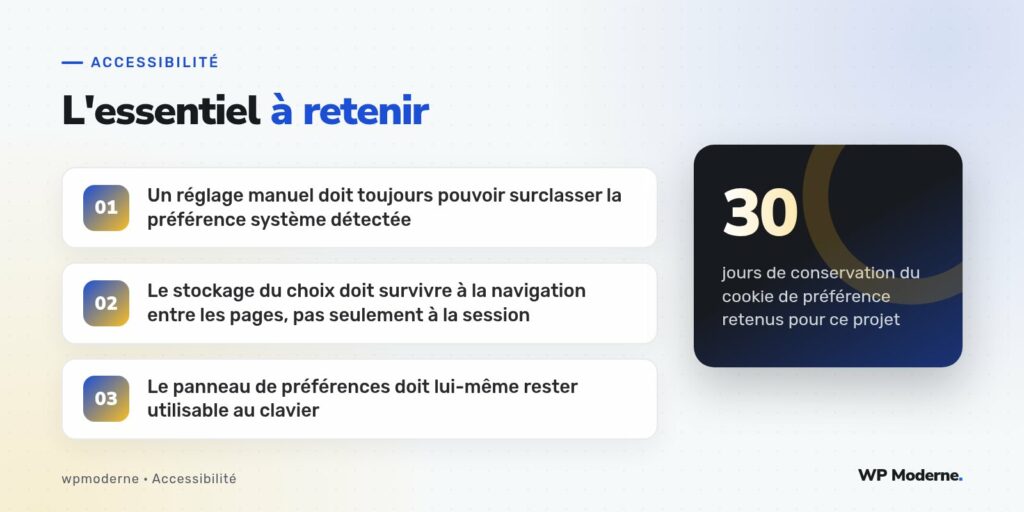 L'essentiel à retenir : Un réglage manuel doit toujours pouvoir surclasser la préférence système détectée ; Le stockage du choix doit survivre à la navigation entre les pages, pas seulement à la session ; Le panneau de préférences doit lui-même rester utilisable au clavier