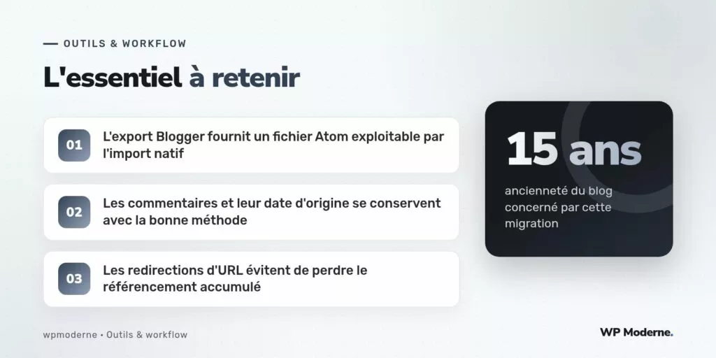 L'essentiel à retenir : L'export Blogger fournit un fichier Atom exploitable par l'import natif ; Les commentaires et leur date d'origine se conservent avec la bonne méthode ; Les redirections d'URL évitent de perdre le référencement accumulé