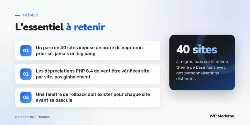 L'essentiel à retenir : Un parc de 40 sites impose un ordre de migration priorisé, jamais un big bang ; Les dépréciations PHP 8.4 doivent être vérifiées site par site, pas globalement ; Une fenêtre de rollback doit exister pour chaque site avant sa bascule