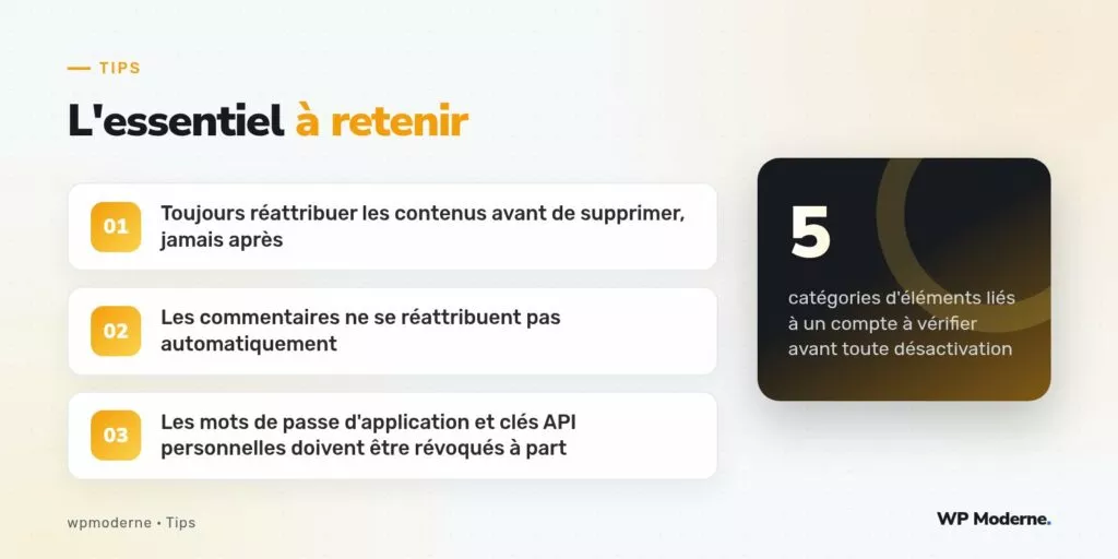 L'essentiel à retenir : Toujours réattribuer les contenus avant de supprimer, jamais après ; Les commentaires ne se réattribuent pas automatiquement ; Les mots de passe d'application et clés API personnelles doivent être révoqués à part