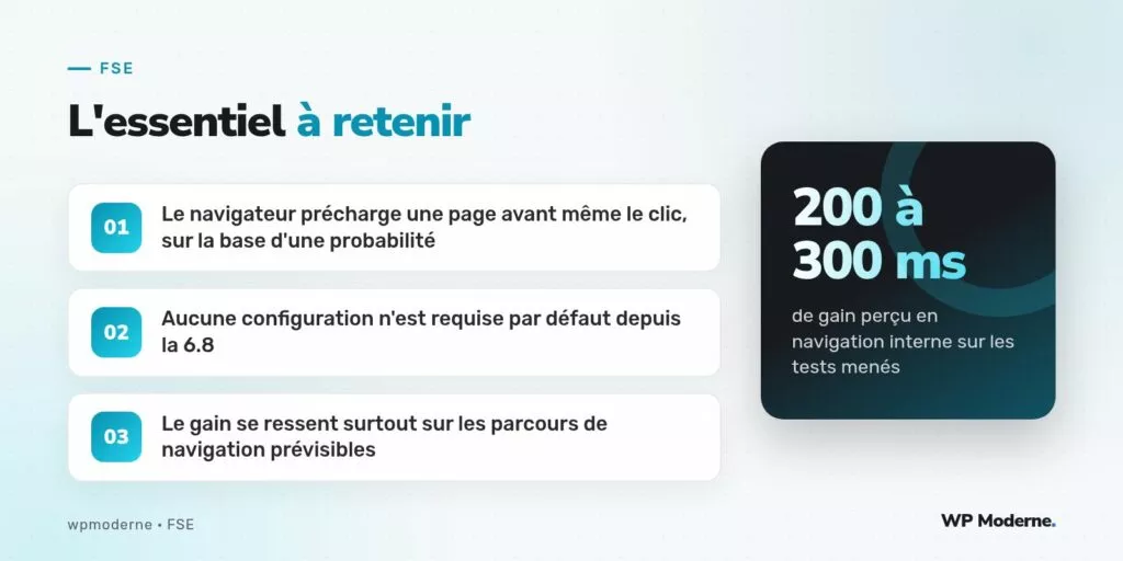 L'essentiel à retenir : Le navigateur précharge une page avant même le clic, sur la base d'une probabilité ; Aucune configuration n'est requise par défaut depuis la 6.8 ; Le gain se ressent surtout sur les parcours de navigation prévisibles