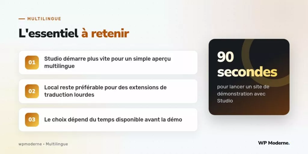 L'essentiel à retenir : Studio démarre plus vite pour un simple aperçu multilingue ; Local reste préférable pour des extensions de traduction lourdes ; Le choix dépend du temps disponible avant la démo