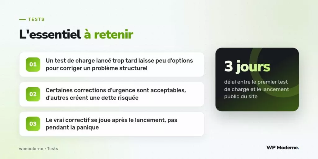 L'essentiel à retenir : Un test de charge lancé trop tard laisse peu d'options pour corriger un problème structurel ; Certaines corrections d'urgence sont acceptables, d'autres créent une dette risquée ; Le vrai correctif se joue après le lancement, pas pendant la panique