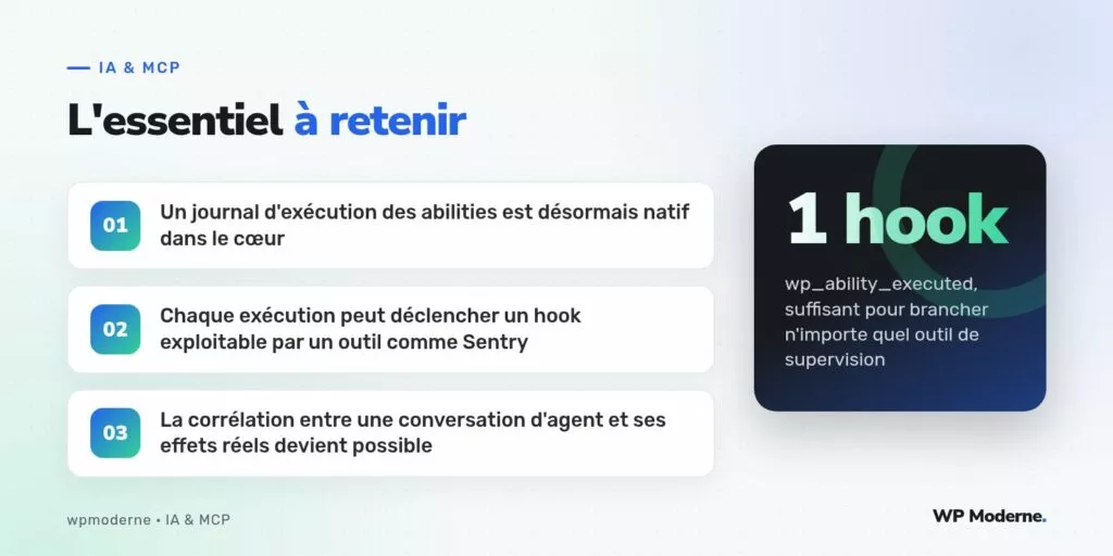 L'essentiel à retenir : Un journal d'exécution des abilities est désormais natif dans le cœur ; Chaque exécution peut déclencher un hook exploitable par un outil comme Sentry ; La corrélation entre une conversation d'agent et ses effets réels devient possible