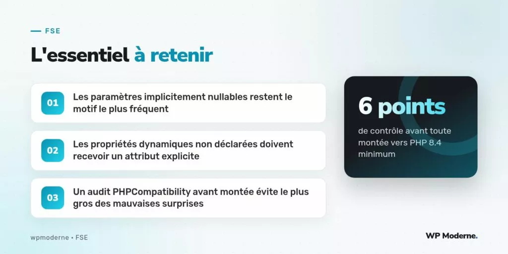 L'essentiel à retenir : Les paramètres implicitement nullables restent le motif le plus fréquent ; Les propriétés dynamiques non déclarées doivent recevoir un attribut explicite ; Un audit PHPCompatibility avant montée évite le plus gros des mauvaises surprises