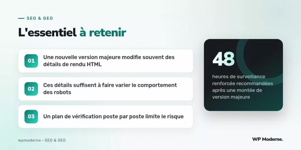 L'essentiel à retenir : Une nouvelle version majeure modifie souvent des détails de rendu HTML ; Ces détails suffisent à faire varier le comportement des robots ; Un plan de vérification poste par poste limite le risque
