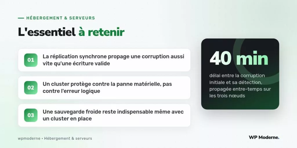 L'essentiel à retenir : La réplication synchrone propage une corruption aussi vite qu'une écriture valide ; Un cluster protège contre la panne matérielle, pas contre l'erreur logique ; Une sauvegarde froide reste indispensable même avec un cluster en place