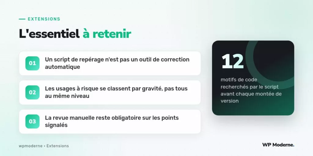 L'essentiel à retenir : Un script de repérage n'est pas un outil de correction automatique ; Les usages à risque se classent par gravité, pas tous au même niveau ; La revue manuelle reste obligatoire sur les points signalés