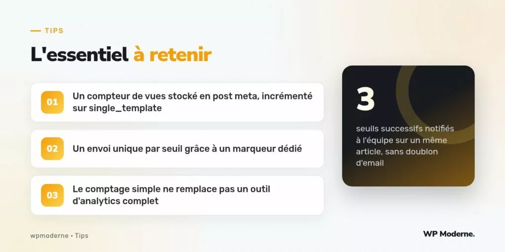 L'essentiel à retenir : Un compteur de vues stocké en post meta, incrémenté sur single_template ; Un envoi unique par seuil grâce à un marqueur dédié ; Le comptage simple ne remplace pas un outil d'analytics complet