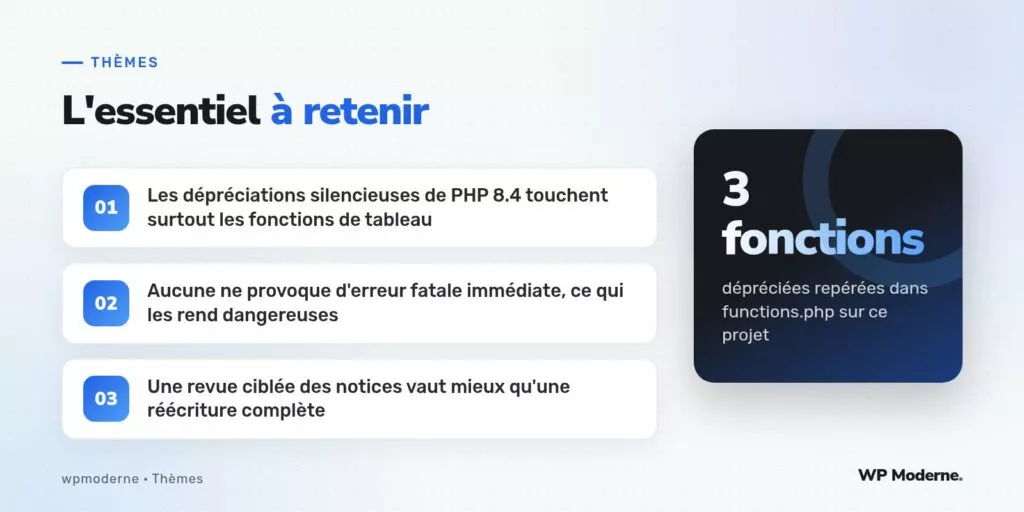 L'essentiel à retenir : Les dépréciations silencieuses de PHP 8.4 touchent surtout les fonctions de tableau ; Aucune ne provoque d'erreur fatale immédiate, ce qui les rend dangereuses ; Une revue ciblée des notices vaut mieux qu'une réécriture complète