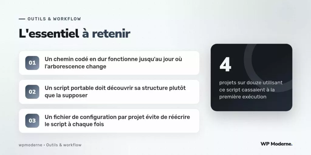 L'essentiel à retenir : Un chemin codé en dur fonctionne jusqu'au jour où l'arborescence change ; Un script portable doit découvrir sa structure plutôt que la supposer ; Un fichier de configuration par projet évite de réécrire le script à chaque fois
