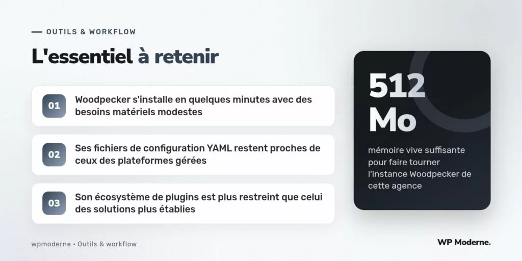 L'essentiel à retenir : Woodpecker s'installe en quelques minutes avec des besoins matériels modestes ; Ses fichiers de configuration YAML restent proches de ceux des plateformes gérées ; Son écosystème de plugins est plus restreint que celui des solutions plus établies