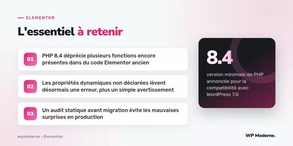 L'essentiel à retenir : PHP 8.4 déprécie plusieurs fonctions encore présentes dans du code Elementor ancien ; Les propriétés dynamiques non déclarées lèvent désormais une erreur, plus un simple avertissement ; Un audit statique avant migration évite les mauvaises surprises en production