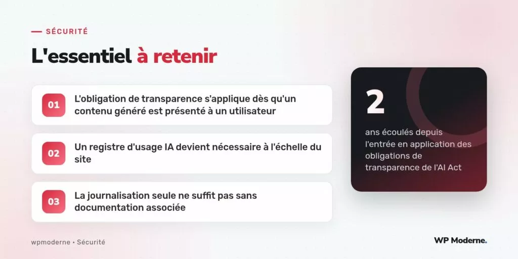 L'essentiel à retenir : L'obligation de transparence s'applique dès qu'un contenu généré est présenté à un utilisateur ; Un registre d'usage IA devient nécessaire à l'échelle du site ; La journalisation seule ne suffit pas sans documentation associée