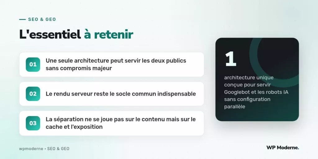 L'essentiel à retenir : Une seule architecture peut servir les deux publics sans compromis majeur ; Le rendu serveur reste le socle commun indispensable ; La séparation ne se joue pas sur le contenu mais sur le cache et l'exposition