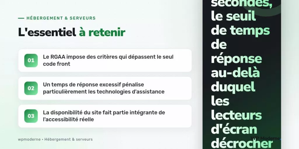 L'essentiel à retenir : Le RGAA impose des critères qui dépassent le seul code front ; Un temps de réponse excessif pénalise particulièrement les technologies d'assistance ; La disponibilité du site fait partie intégrante de l'accessibilité réelle