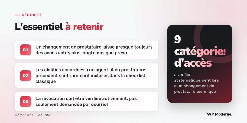 L'essentiel à retenir : Un changement de prestataire laisse presque toujours des accès actifs plus longtemps que prévu ; Les abilities accordées à un agent IA du prestataire précédent sont rarement incluses dans la checklist classique ; La révocation doit être vérifiée activement, pas seulement demandée par courriel