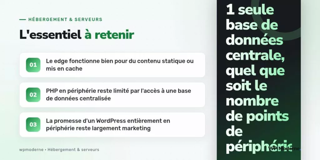 L'essentiel à retenir : Le edge fonctionne bien pour du contenu statique ou mis en cache ; PHP en périphérie reste limité par l'accès à une base de données centralisée ; La promesse d'un WordPress entièrement en périphérie reste largement marketing