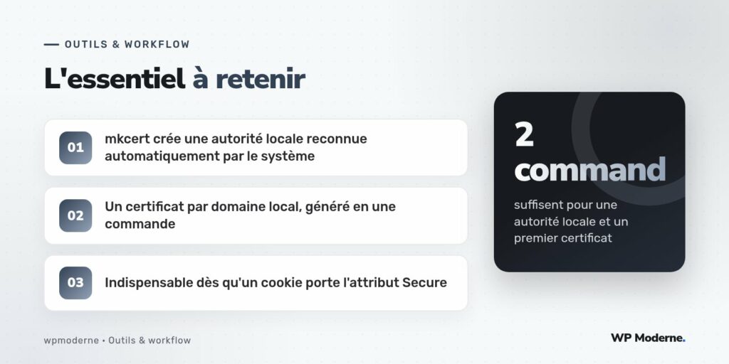 L'essentiel à retenir : mkcert crée une autorité locale reconnue automatiquement par le système ; Un certificat par domaine local, généré en une commande ; Indispensable dès qu'un cookie porte l'attribut Secure