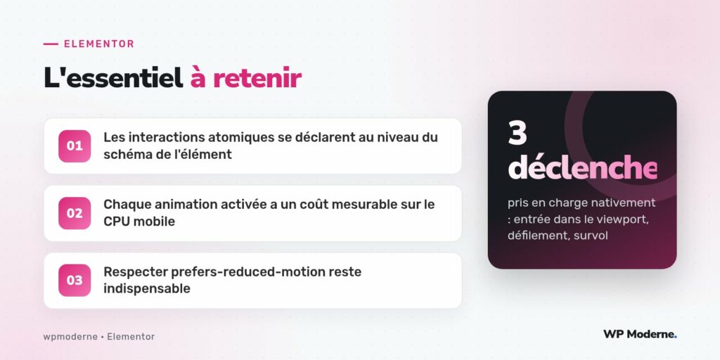 L'essentiel à retenir : Les interactions atomiques se déclarent au niveau du schéma de l'élément ; Chaque animation activée a un coût mesurable sur le CPU mobile ; Respecter prefers-reduced-motion reste indispensable
