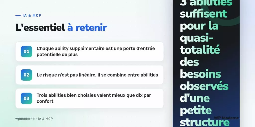 L'essentiel à retenir : Chaque ability supplémentaire est une porte d'entrée potentielle de plus ; Le risque n'est pas linéaire, il se combine entre abilities ; Trois abilities bien choisies valent mieux que dix par confort