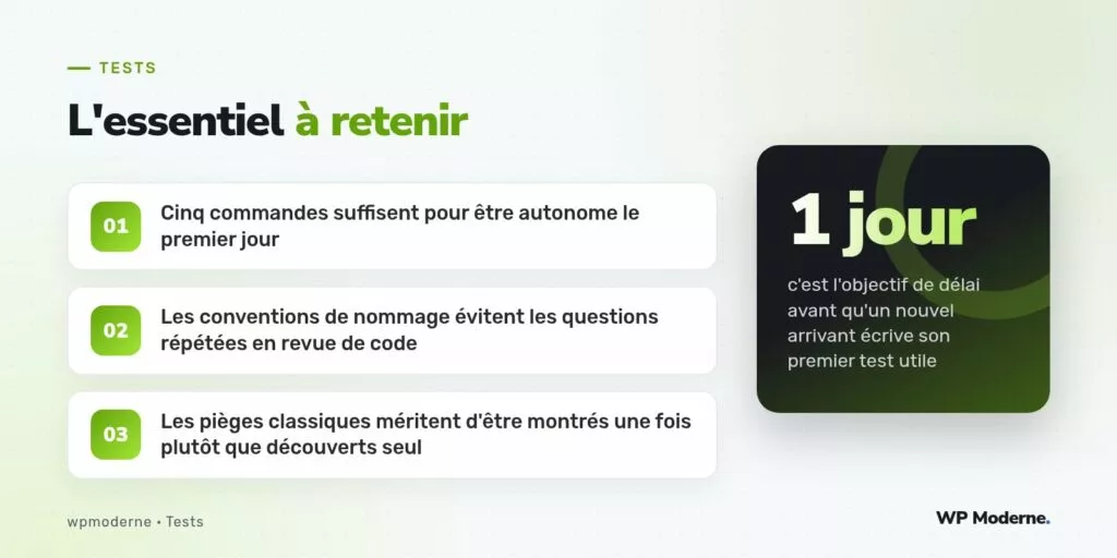 L'essentiel à retenir : Cinq commandes suffisent pour être autonome le premier jour ; Les conventions de nommage évitent les questions répétées en revue de code ; Les pièges classiques méritent d'être montrés une fois plutôt que découverts seul