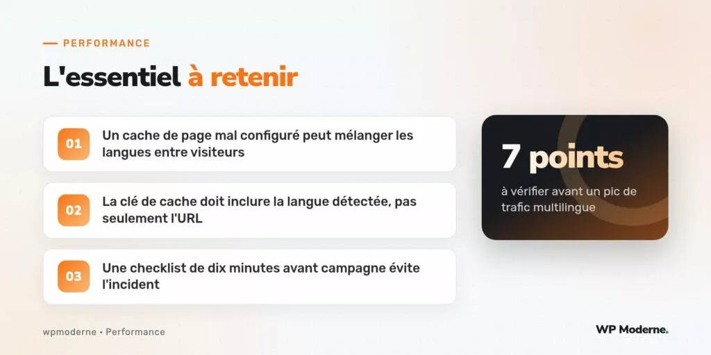 L'essentiel à retenir : Un cache de page mal configuré peut mélanger les langues entre visiteurs ; La clé de cache doit inclure la langue détectée, pas seulement l'URL ; Une checklist de dix minutes avant campagne évite l'incident