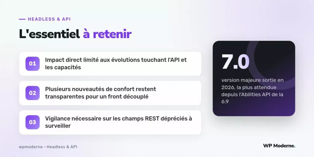 L'essentiel à retenir : Impact direct limité aux évolutions touchant l'API et les capacités ; Plusieurs nouveautés de confort restent transparentes pour un front découplé ; Vigilance nécessaire sur les champs REST dépréciés à surveiller