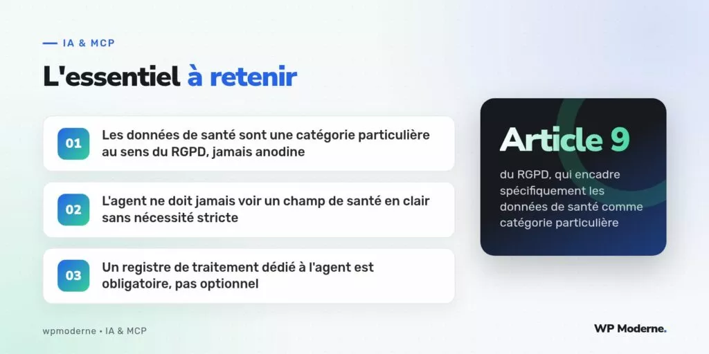 L'essentiel à retenir : Les données de santé sont une catégorie particulière au sens du RGPD, jamais anodine ; L'agent ne doit jamais voir un champ de santé en clair sans nécessité stricte ; Un registre de traitement dédié à l'agent est obligatoire, pas optionnel