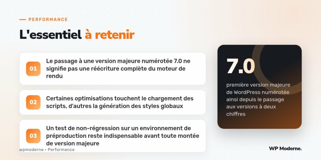 L'essentiel à retenir : Le passage à une version majeure numérotée 7.0 ne signifie pas une réécriture complète du moteur de rendu ; Certaines optimisations touchent le chargement des scripts, d'autres la génération des styles globaux ; Un test de non-régression sur un environnement de préproduction reste indispensable avant toute montée de version majeure